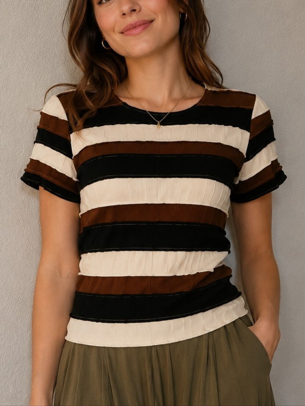 STRUT & BOLT Striped Colorblock Patchwork Short Sleeve Top Brown, Black & Cream